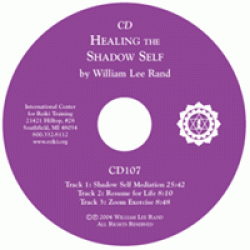 Purple CD labeled “Healing the Shadow Self” by William Lee Rand, featuring track listings and a white Reiki symbol.