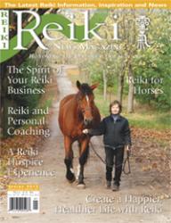 Reiki Magazine Spring 2013 cover featuring a woman walking a brown horse down a wooded path.