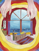 Surreal illustration of large hands framing a view of a person receiving Reiki by a window overlooking the sea.
