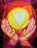 Abstract painting of two cupped hands holding a glowing yellow sphere of light with geometric overlays.
