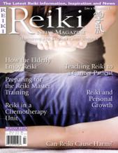 Reiki Magazine Winter 2013 featuring featuring hands hovering over a person's back with a bright light effect.