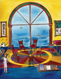 Illustration of a Reiki classroom with chairs in a circle facing a large arched window overlooking the sea.
