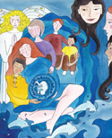 Stylized illustration of a pregnant woman surrounded by family, an angel, and dolphins in blue water.