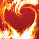 Intense orange and yellow flames swirling into the shape of a heart against a deep red background.