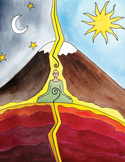 Illustration of a person meditating between day and night, connecting the fiery earth to the starry sky.