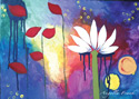 Abstract colorful painting of a white lotus flower and floating red petals against a dreamlike background.