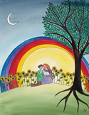 Colorful illustration of a couple holding a baby under a rainbow and a crescent moon in a sunflower field.