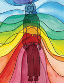 Colorful watercolor illustration of a person surrounded by vibrant, flowing rainbow-like energy waves.