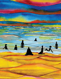 A vibrant watercolor painting of silhouetted figures wading in a colorful sea under a bright, layered sky.