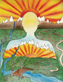 Surreal illustration of a person's silhouette merging with a landscape of mountains, rivers, and a rising sun.