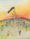 Illustration of people holding ribbons attached to a tall maypole under a sunset sky with a large white flag.
