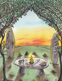 An illustration of a stone altar with a candle, flower, and crystal, set in a field under a sunset.