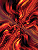 Abstract digital art featuring swirling, energetic waves of orange, red, and yellow on a dark background.