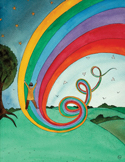 Watercolor painting of a person standing on a vibrant, swirling rainbow in a green field under a starry sky.