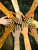 An artistic illustration of many hands of diverse skin tones reaching inward to form a circle of unity.
