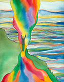 Watercolor of a person standing on a cliff with arms raised into a vibrant, swirling rainbow of energy.