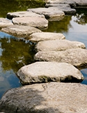 A path of flat grey stepping stones curving across the surface of a calm, reflective pond.