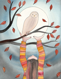 Illustration of a person reaching up toward a white owl perched on a branch in front of a full moon.