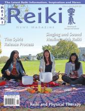 Reiki News Magazine Winter 2016 cover featuring three women sitting on a blanket outdoors with crystal singing bowls.
