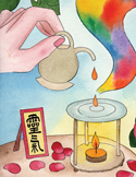 Illustration of a hand pouring oil into a burner next to rose petals and a Reiki symbol card.