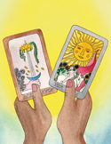 Illustration of hands holding the Ace of Swords and The Sun tarot cards against a bright yellow background.