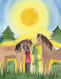 Watercolor illustration of a woman standing between two horses under a large, glowing yellow sun.