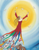 Illustration of a woman in a colorful dress reaching for the sun as objects fall away and doves fly above.
