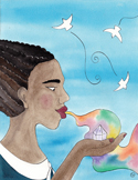 Illustration of a woman breathing colorful energy onto a crystal held in her hand.