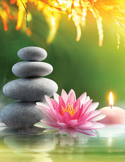 A peaceful zen scene with stacked stones, a pink lotus flower, and a lit candle reflecting on calm water.