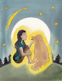 Illustration of a girl and a golden dog sitting together under a full moon and shooting star, glowing with light.