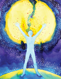 Stylized art of a glowing figure standing on Earth with arms raised against a massive, bright yellow sun.