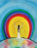Painting of a person with raised arms standing under a large, vibrant rainbow and a bright yellow sun.