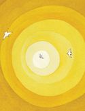 Abstract art of concentric yellow and orange circles with three white birds flying toward the center.