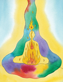 A watercolor illustration of a seated figure in meditation with flames rising through their center.