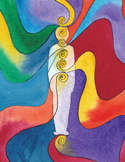 Artistic watercolor of a human silhouette with colorful swirls representing energy centers or chakras.