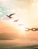 Birds fly toward a bright sunrise as a heavy metal chain breaks, symbolizing freedom and spirit release.