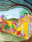 A stylized illustration of a family walking on a colorful path under a large, leafy tree.