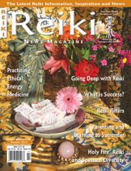 Reiki News Magazine Summer 2019 featuring a floral altar with a statue, pink flowers, and crystals.