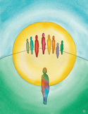 Illustration of a colorful figure standing before a large yellow sun containing several other small figures.