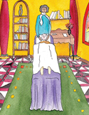 Illustration of a practitioner standing at the head of a client resting on a massage table.