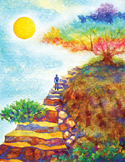A person walks up stone steps toward a rainbow-colored tree under a bright yellow sun in a stylized painting.