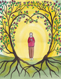 Illustration of a person standing inside a heart shape formed by two growing trees with red flowers.