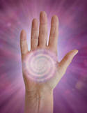 A palm facing forward with a glowing purple and white energy spiral centered in the middle of the hand.