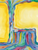 An abstract painting of a healer standing by a person on a table, surrounded by flowing, colorful energy.