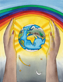 Two hands holding a glowing globe of Earth under a rainbow, with stars and a crescent moon below.