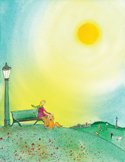 A whimsical illustration of a person petting a dog on a grassy hill under a large, glowing sun.