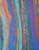 An abstract fluid painting featuring vibrant vertical streaks of blue, orange, and purple.