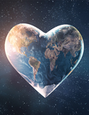 A translucent, heart-shaped Earth floating in a starry space, showing continents and blue oceans.