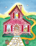 Colorful illustration of a pink house with people visible in windows and a winding yellow path.