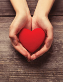 Close-up of two hands gently cradling a soft red heart against a rustic wooden background.